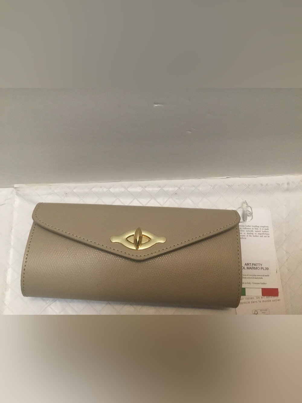 Isadora Taupe Leather Envelope Clutch Gold Turn-Lock Evening Bag New